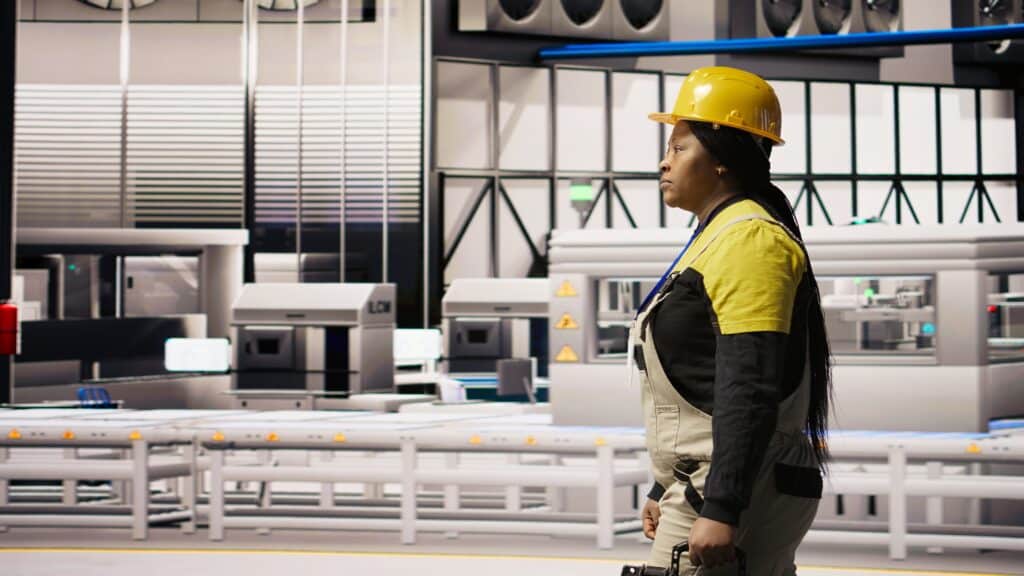 Maintenance technician carrying a toolbox through a modern factory