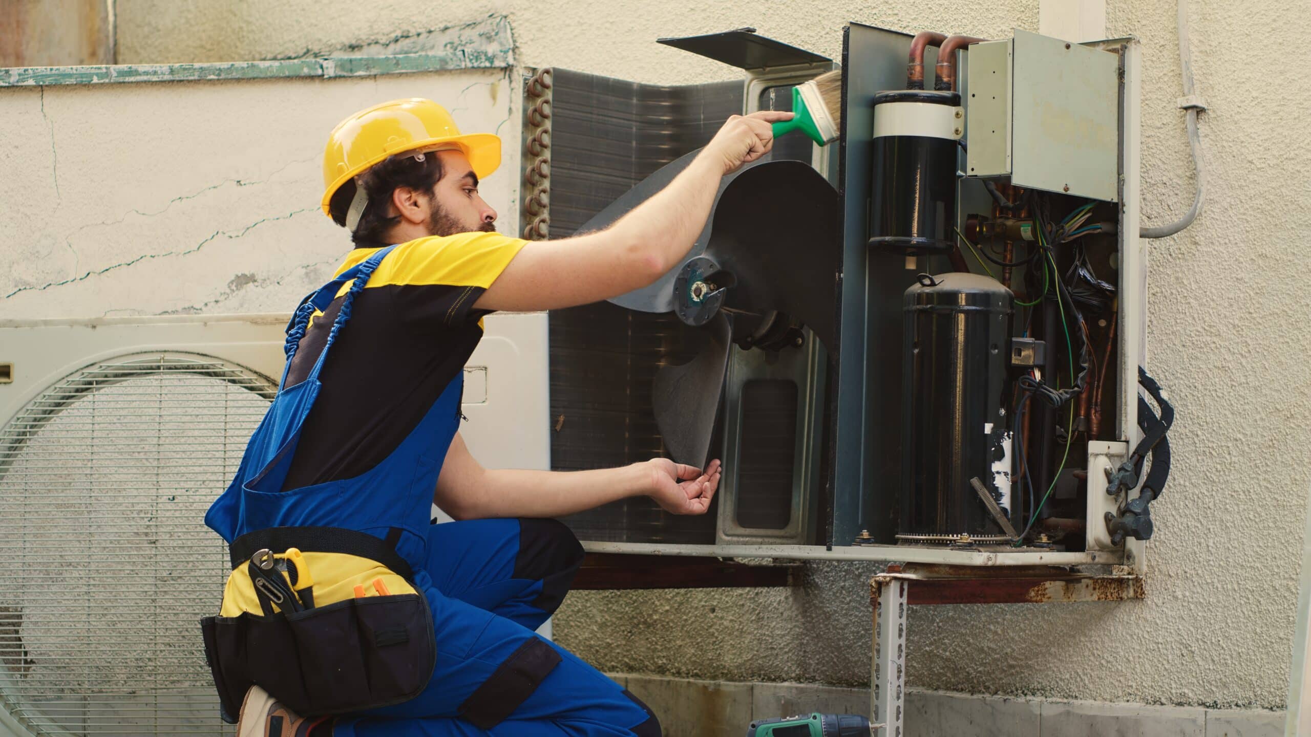 HVAC technician cleaning a blower fan during equipment service
