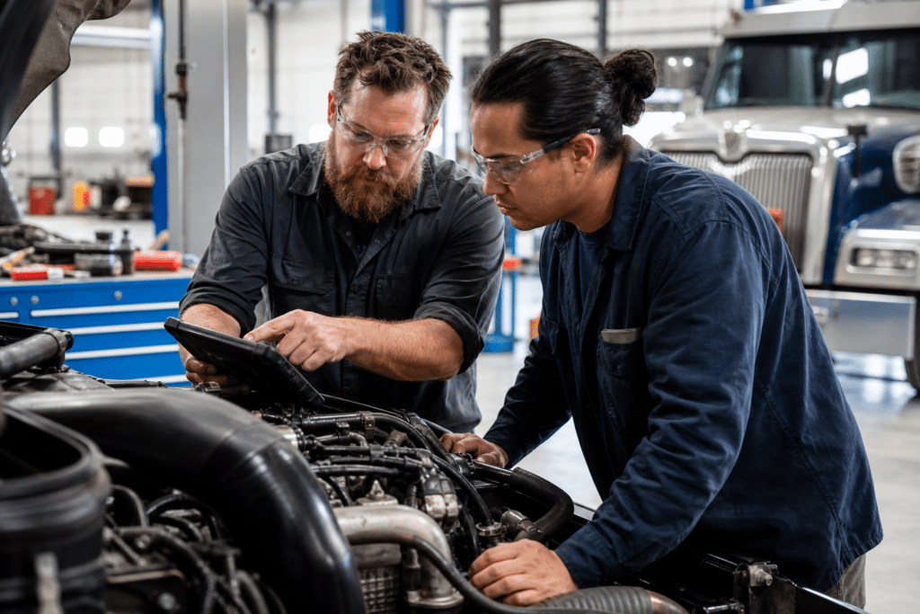 Diesel mechanic apprentice learning beside a mentor in a truck service bay