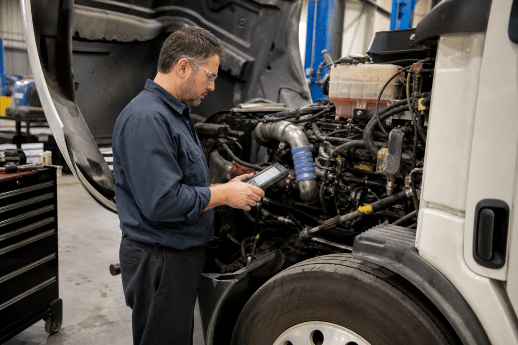 Diesel service technician diagnosing a heavy-duty truck engine in a repair shop