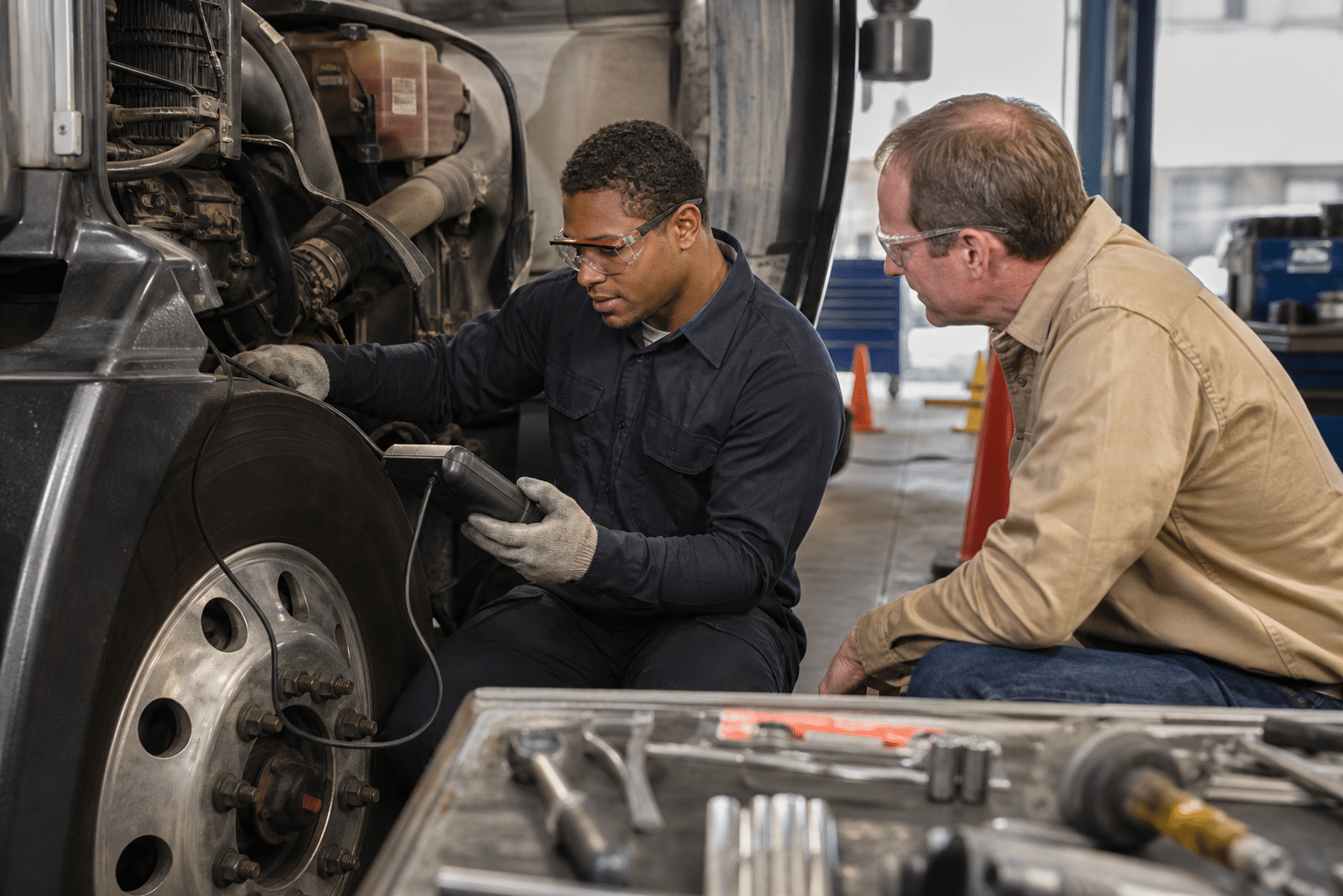 Diesel mechanic student using a diagnostic tool during supervised heavy-duty vehicle training