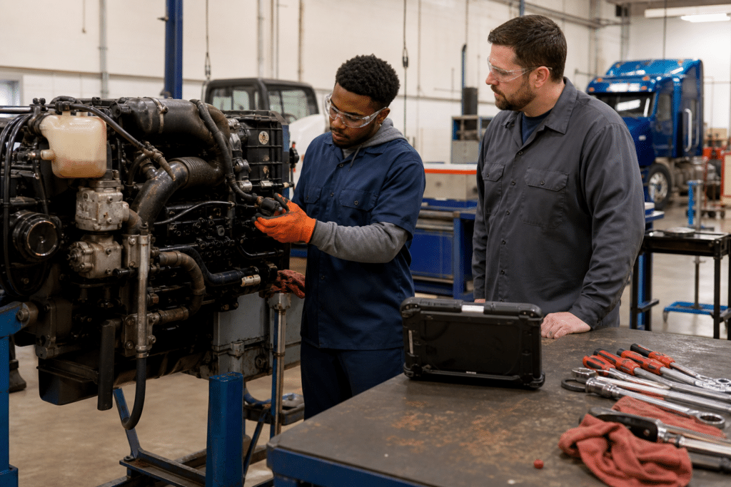 Adult diesel mechanic student inspecting a heavy-duty engine with an instructor in a vocational workshop