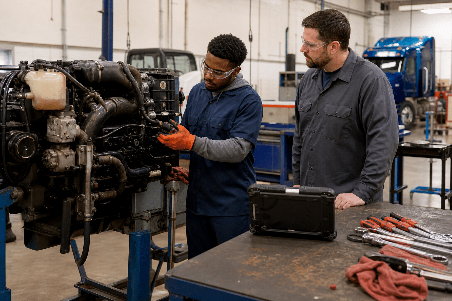 Adult diesel mechanic student inspecting a heavy-duty engine with an instructor in a vocational workshop