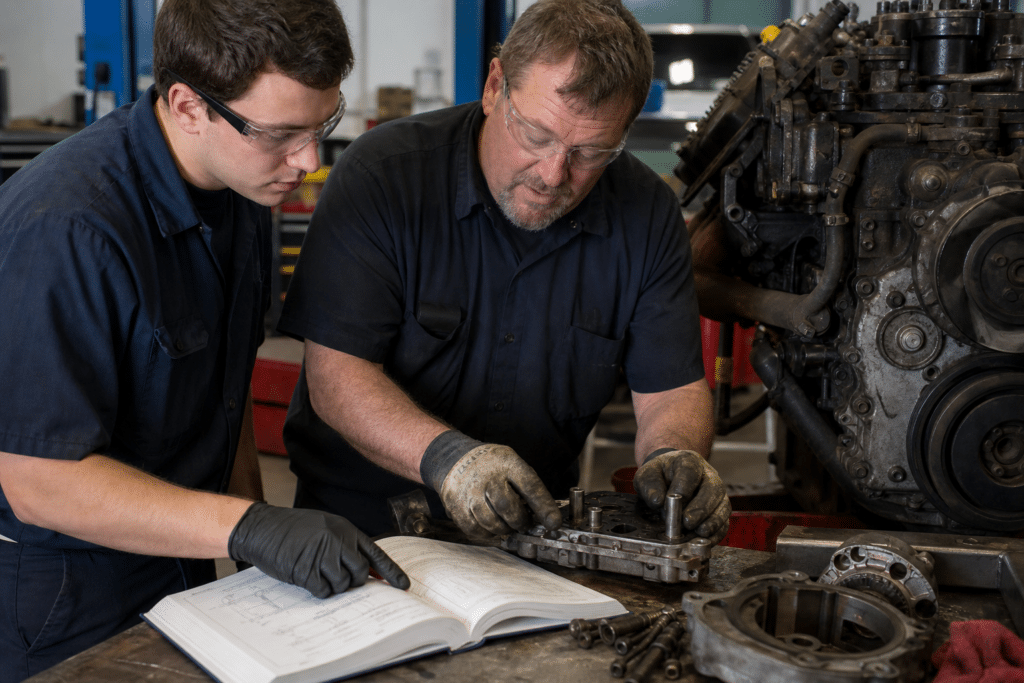 Two diesel technicians reviewing a repair procedure beside a heavy-duty engine