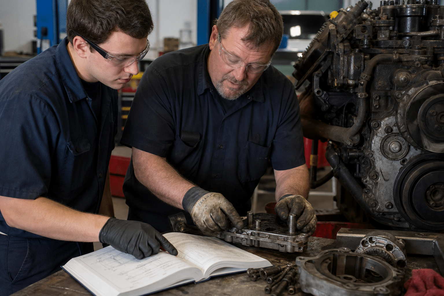 Two diesel technicians reviewing a repair procedure beside a heavy-duty engine