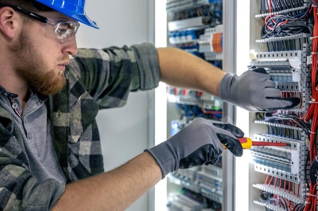 Electrician wiring an electrical panel , Second Act Trades