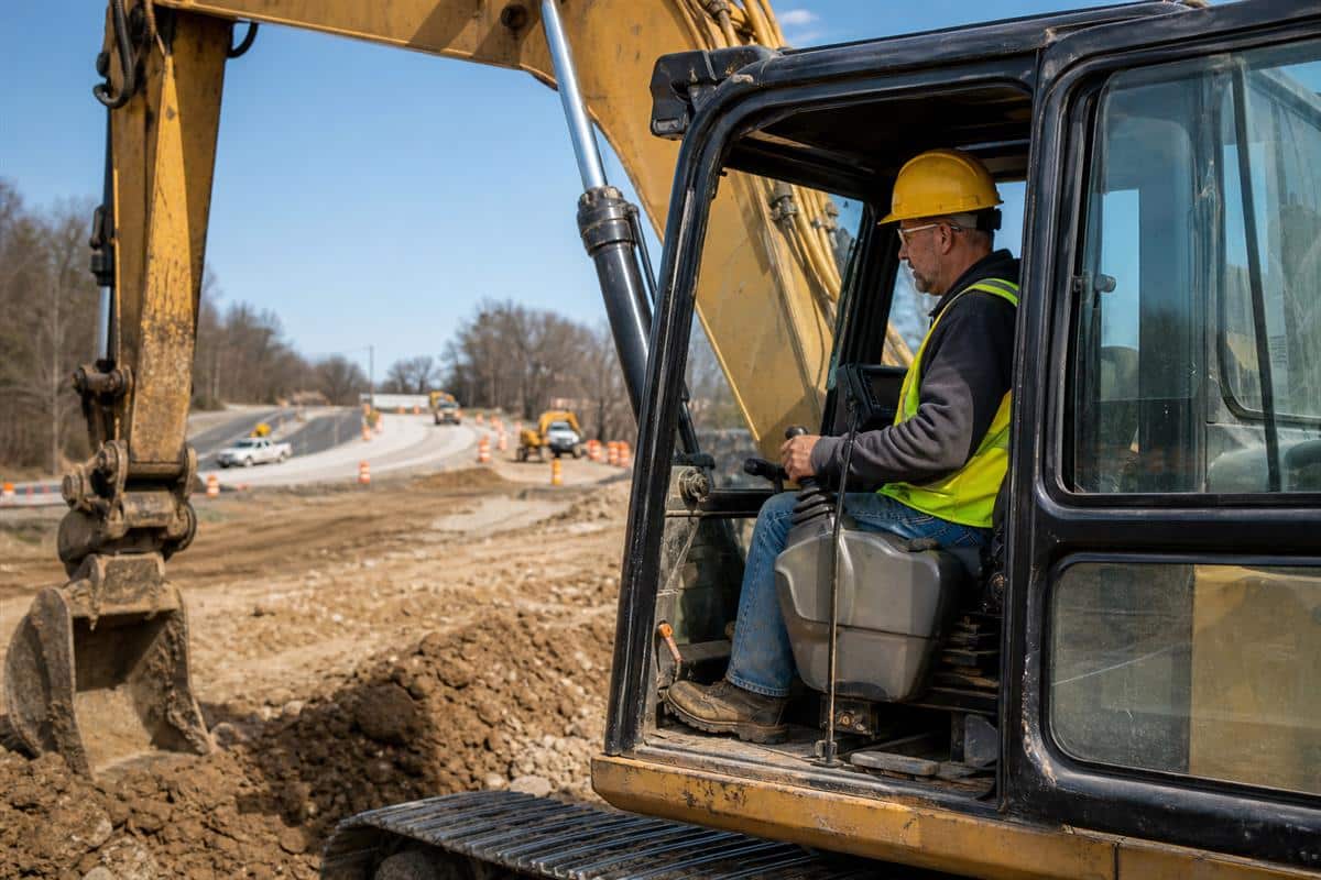 Heavy equipment operator practicing in an excavator at a construction site