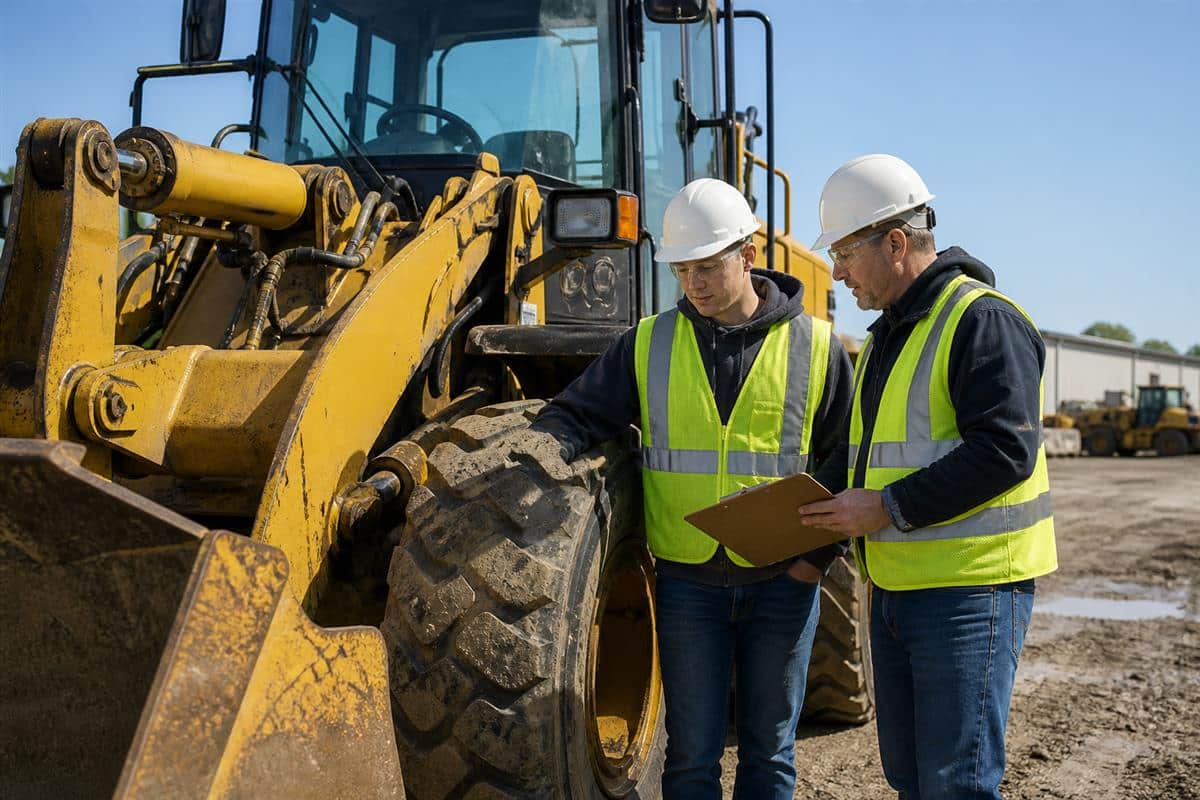 Trainee and instructor inspecting a wheel loader before work