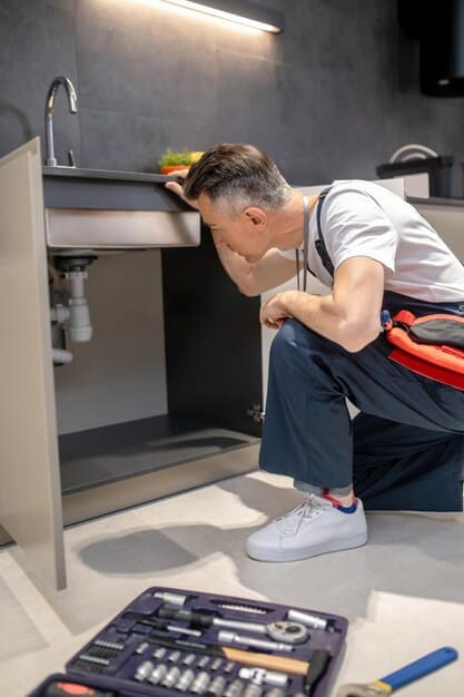 Plumber inspecting and repairing sink pipes — Second Act Trades