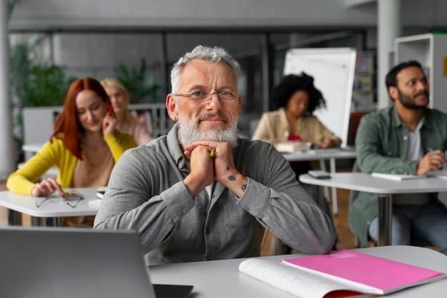 Adult learners taking notes in a classroom