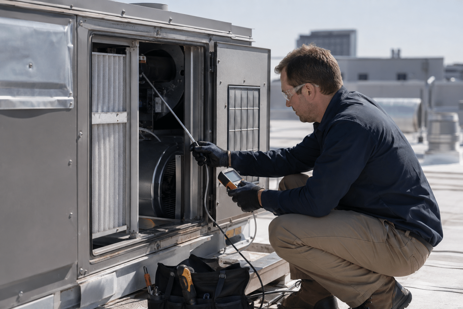 Air quality technician inspecting HVAC equipment