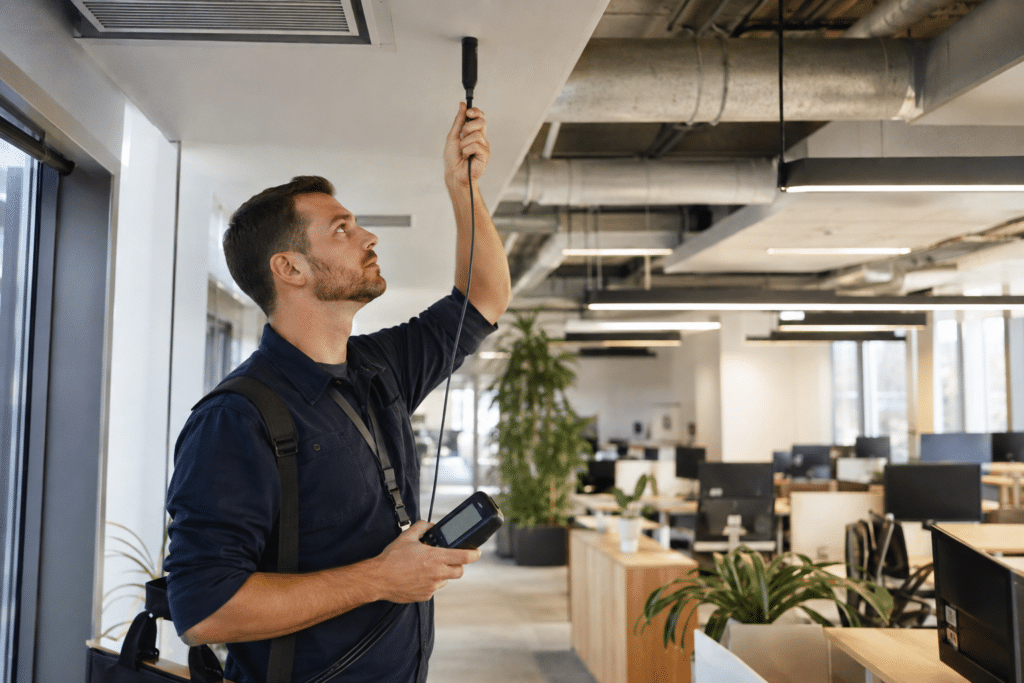 Air quality technician measuring indoor air in an office