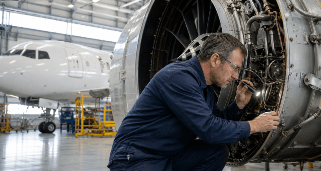 Aircraft maintenance technician inspecting a turbofan engine in a hangar