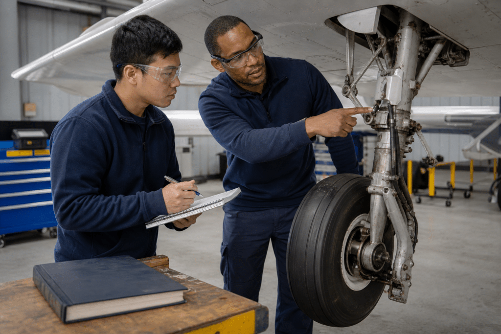 Aircraft maintenance trainee learning to inspect landing gear with a mentor