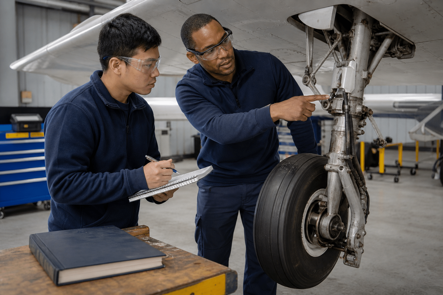 Aircraft mechanic training on landing gear