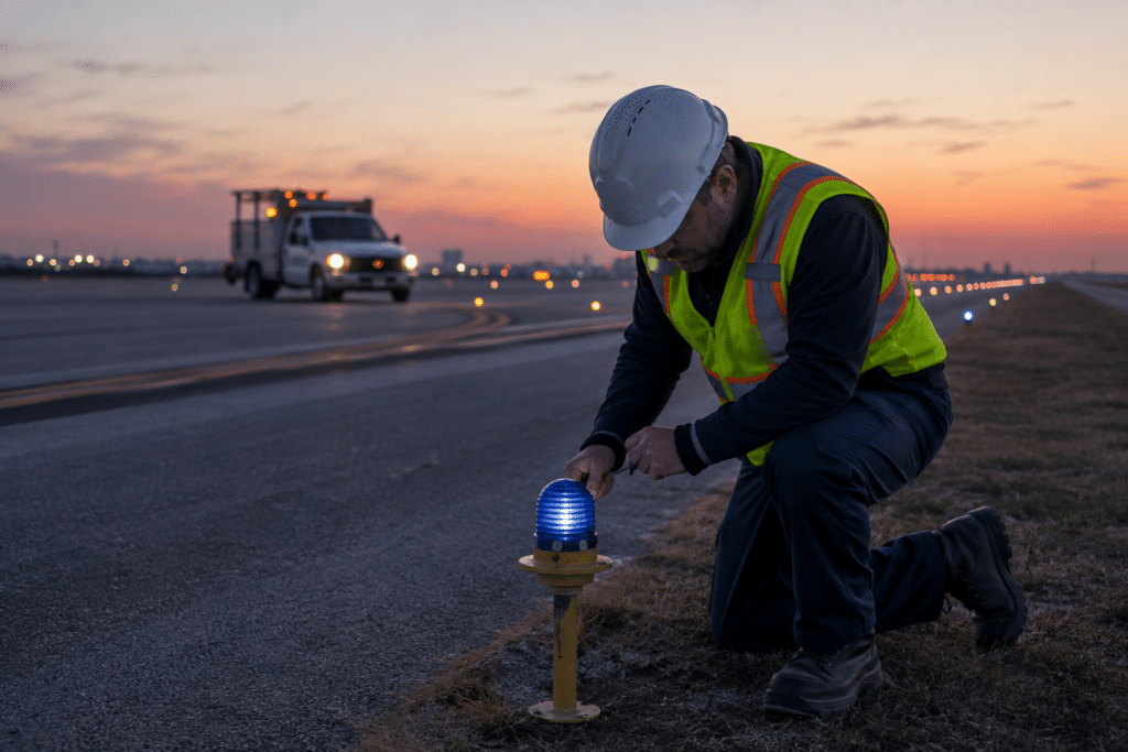 Airfield lighting technician inspecting a runway edge light