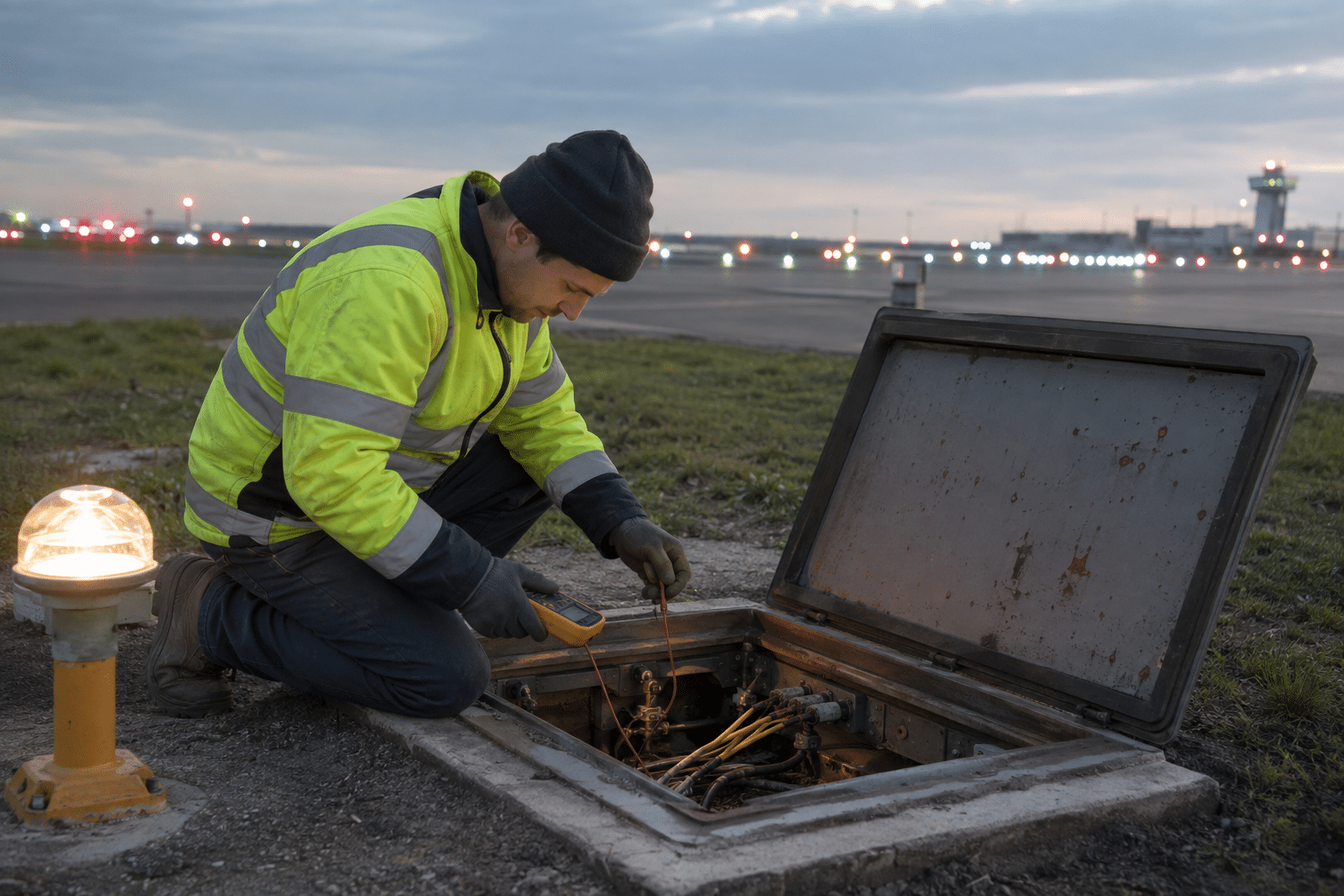 Airfield lighting technician checking an airport lighting vault