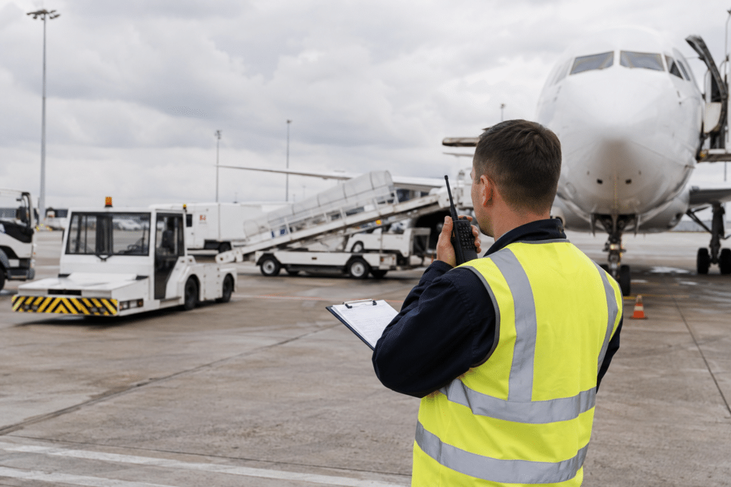 Airport operations technician coordinating aircraft ground operations
