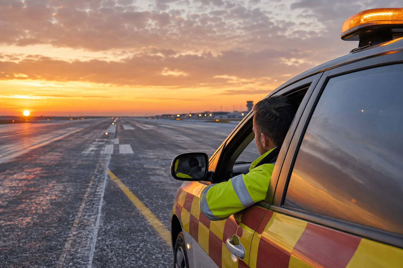Airport operations technician inspecting a runway
