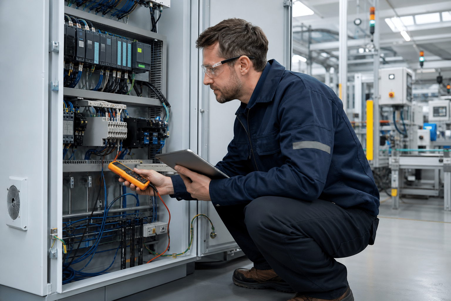 Industrial electrician troubleshooting electrical controls in a plant