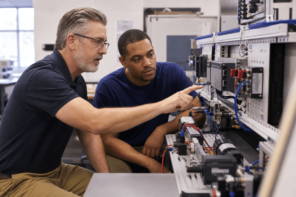 Experienced automation technician teaching an adult trainee at a controls training bench