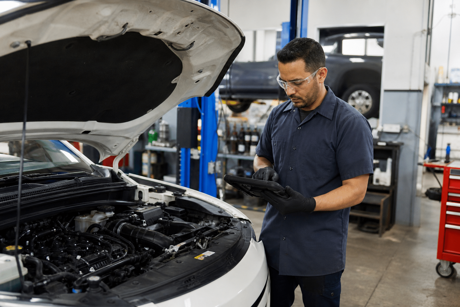 Automotive service technician diagnosing a modern car in a clean repair shop