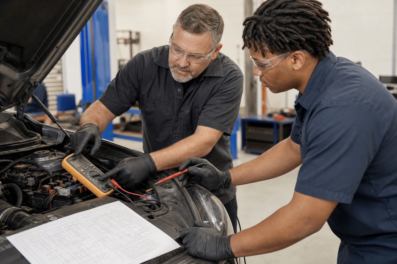 Experienced automotive technician teaching an adult trainee to test a vehicle electrical circuit