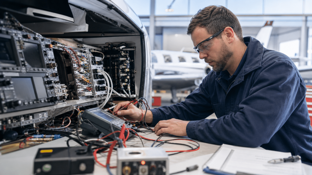 Avionics technician testing aircraft electronics with a multimeter in a hangar