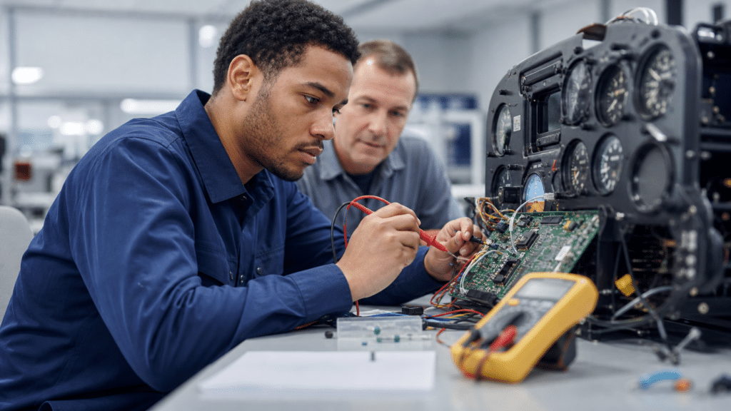 Adult learner practicing avionics troubleshooting in a technical training lab
