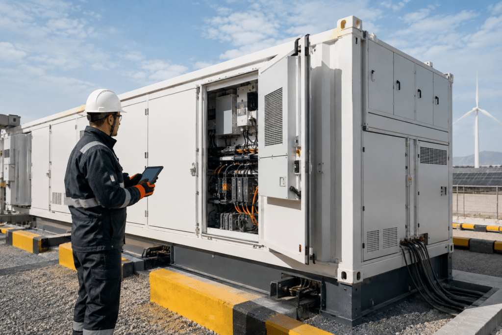 Battery storage technician inspecting a stationary energy storage container