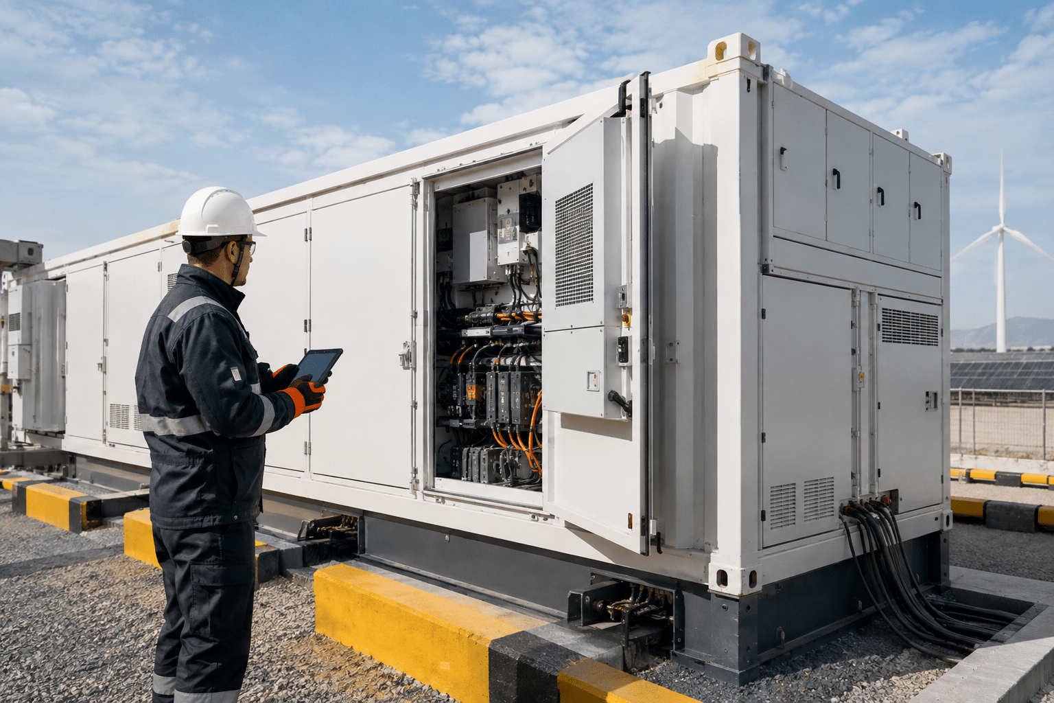 Battery storage technician inspecting a stationary energy storage container
