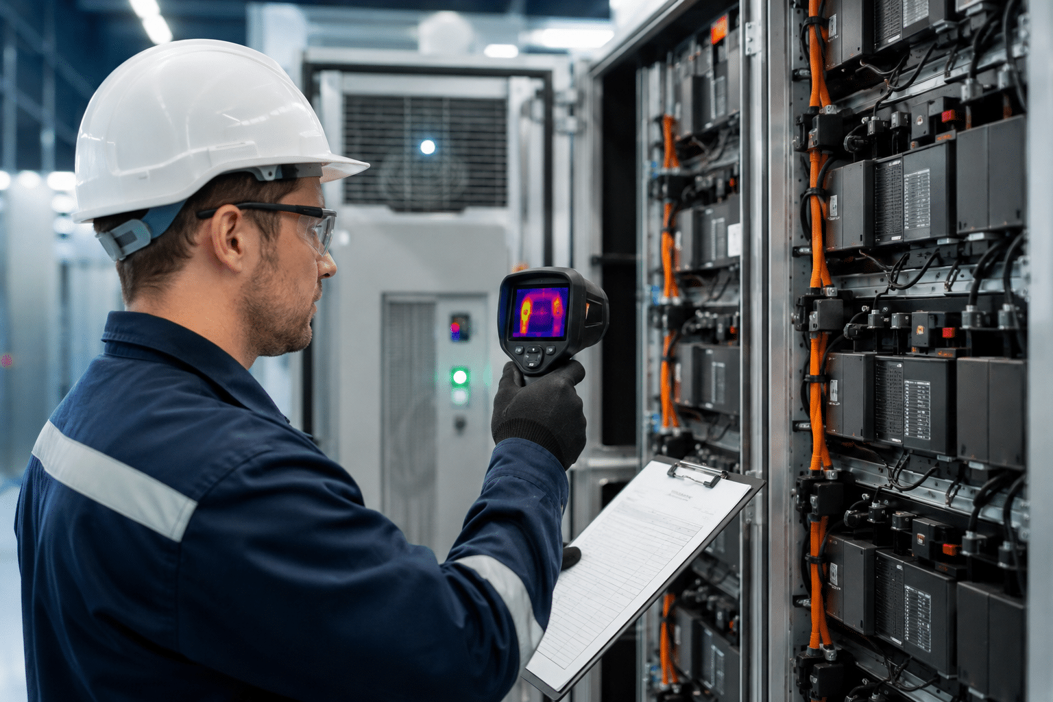 Battery storage technician checking a battery rack and monitoring equipment