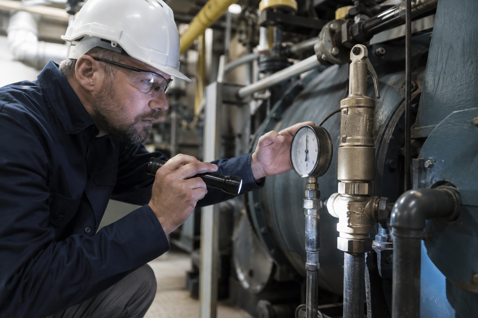Boiler inspector checking a pressure gauge and safety relief valve
