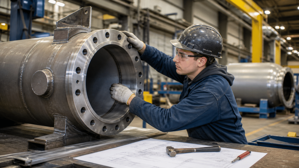 Boilermaker apprentice fitting a large steel pressure vessel section