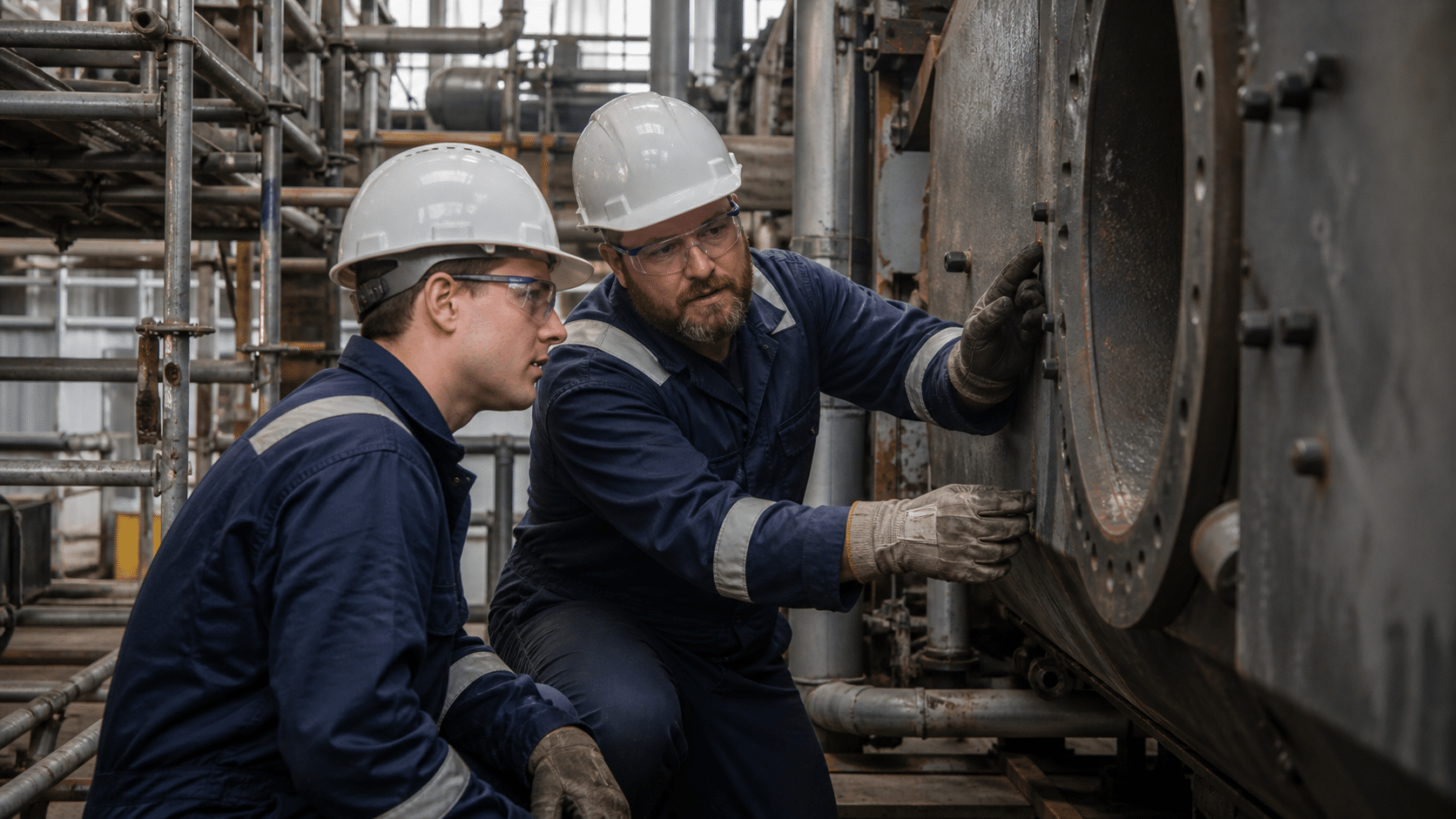 Boilermakers inspecting a large industrial boiler at a maintenance site