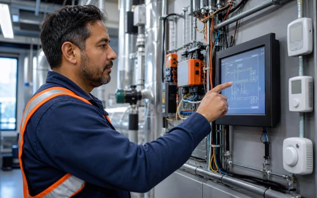 Building automation technician checking a building management system in a mechanical room