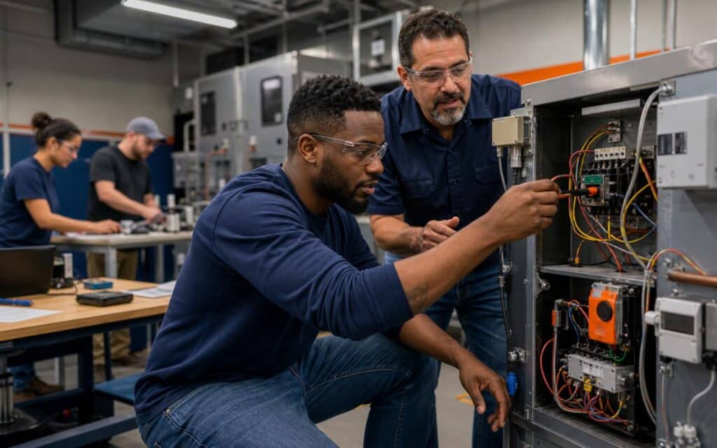 Students learning building automation controls in a hands-on technical lab