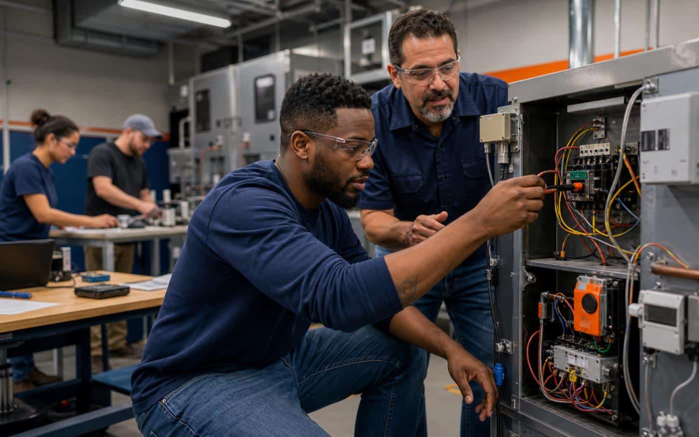 Students learning building automation controls in a hands-on technical lab