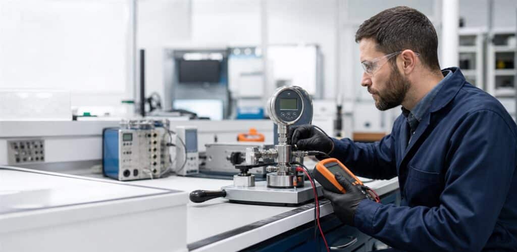 Calibration technician testing a precision pressure gauge in a laboratory