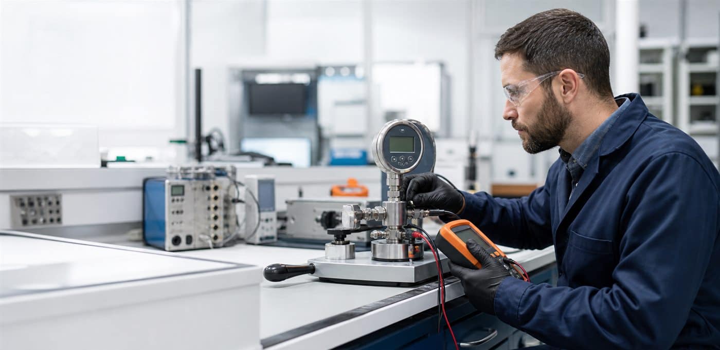 Calibration technician testing a precision pressure gauge in a laboratory