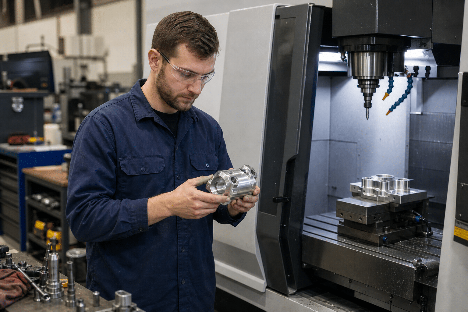 CNC machinist checking a precision metal part beside a milling machine