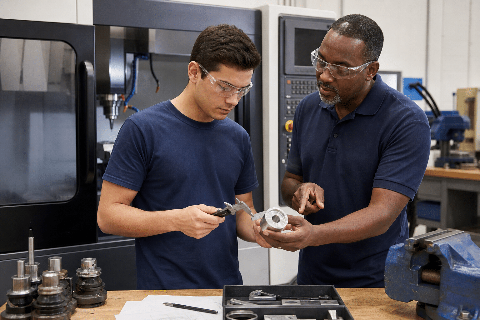 CNC machining instructor reviewing a precision part with an adult trainee