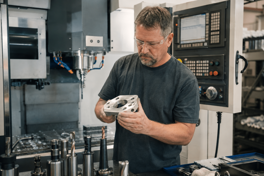 CNC operator inspecting a freshly machined metal part
