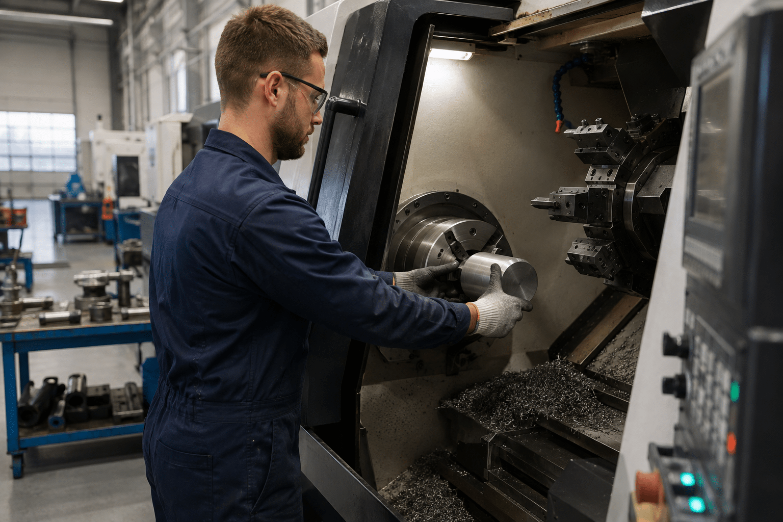 CNC operator loading a metal workpiece into a CNC lathe