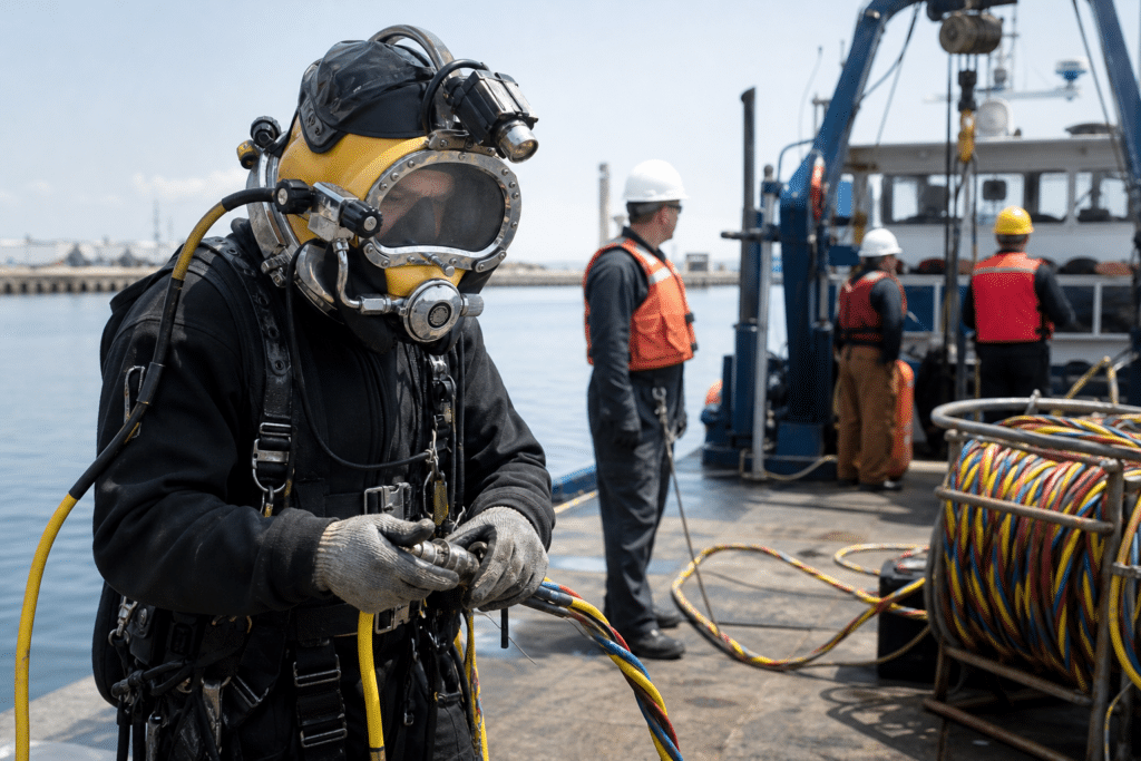 Commercial diver preparing surface-supplied diving equipment beside a work boat