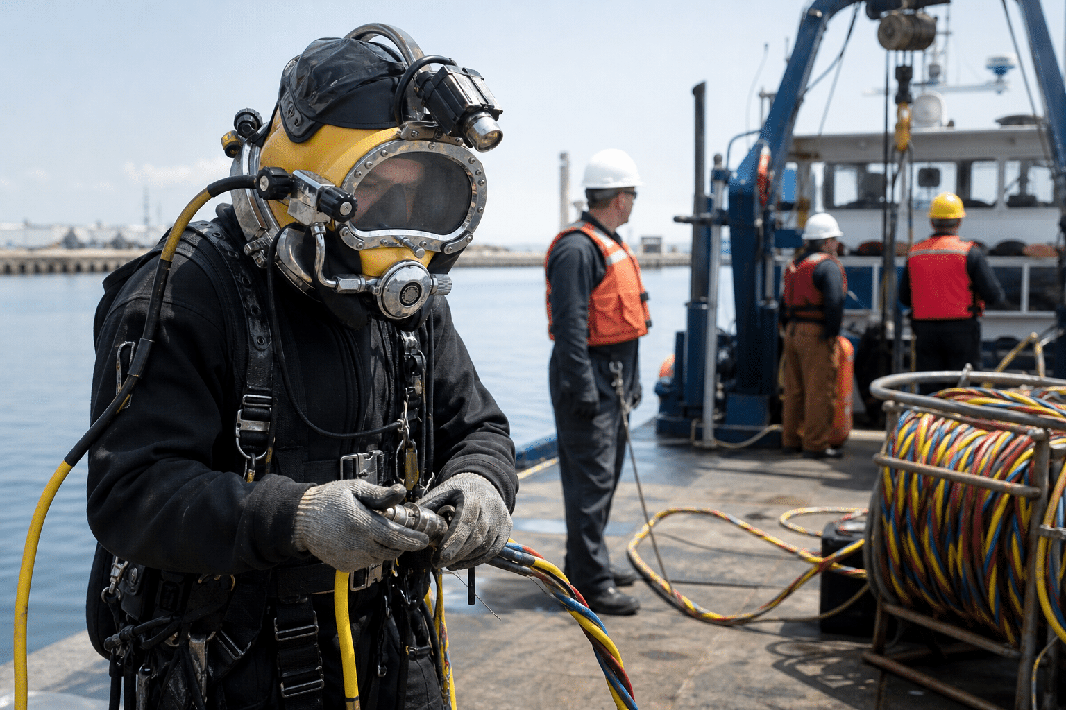 Commercial diver preparing surface-supplied diving equipment near a work boat
