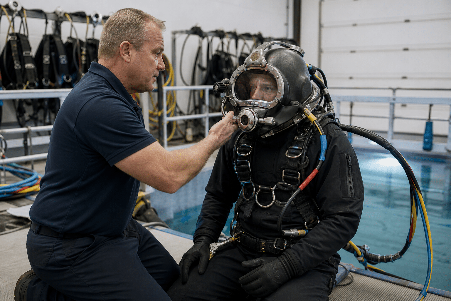 Commercial diving instructor teaching an adult trainee equipment checks in a training facility