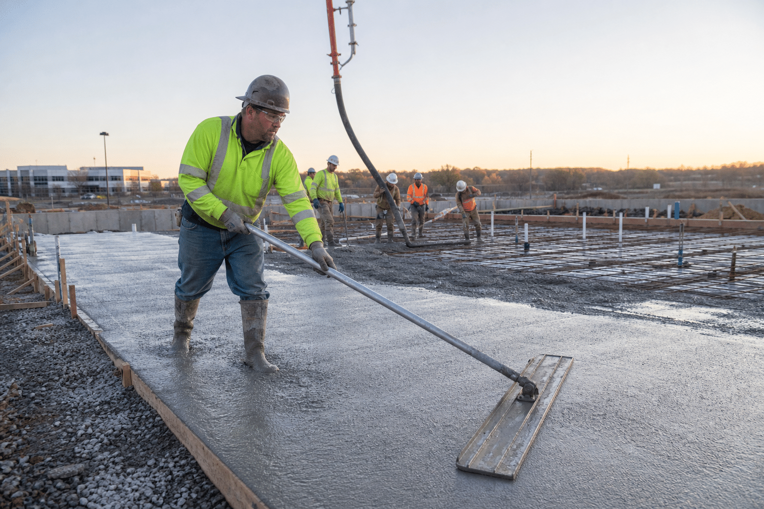 Concrete finisher leveling fresh concrete on a large outdoor slab with a construction crew