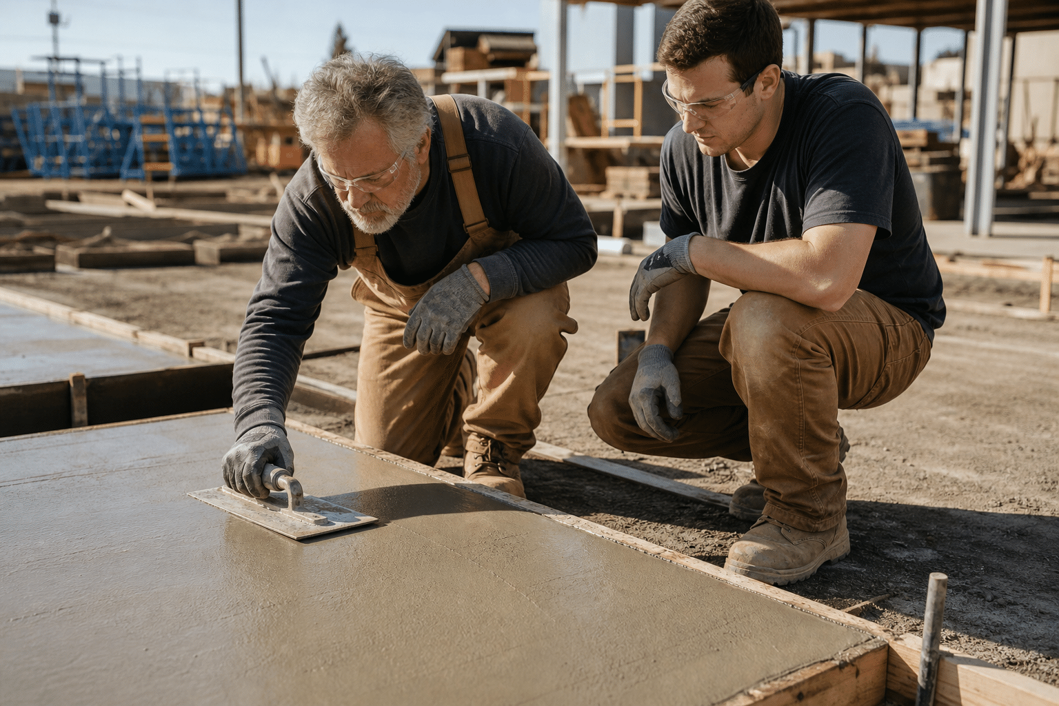 Experienced concrete finisher teaching an adult trainee to smooth a slab edge