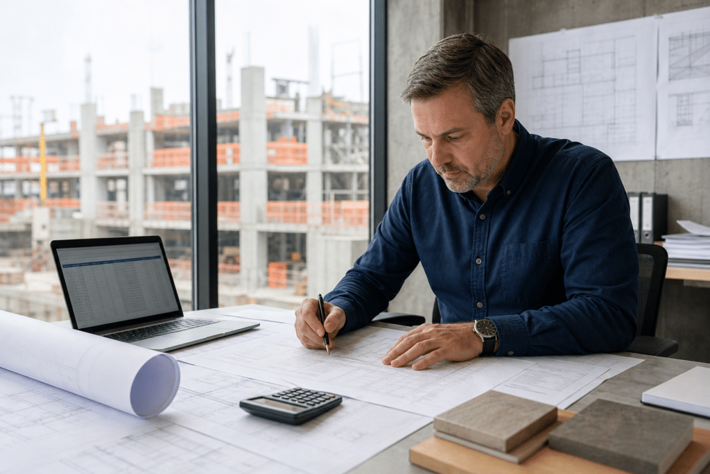 Construction estimator reviewing drawings and a cost estimate in a commercial construction office